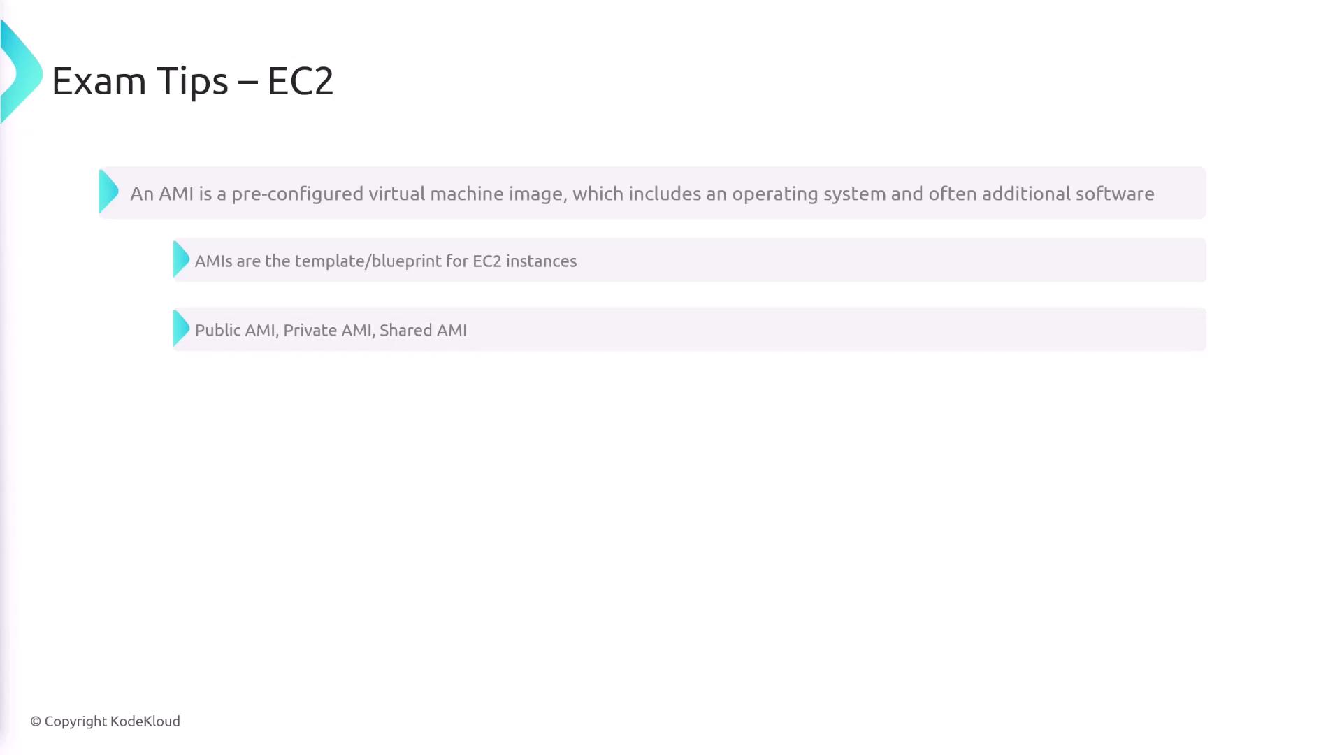 The image provides exam tips for EC2, explaining that an AMI is a pre-configured virtual machine image used as a template for EC2 instances, and mentions types like Public, Private, and Shared AMI.