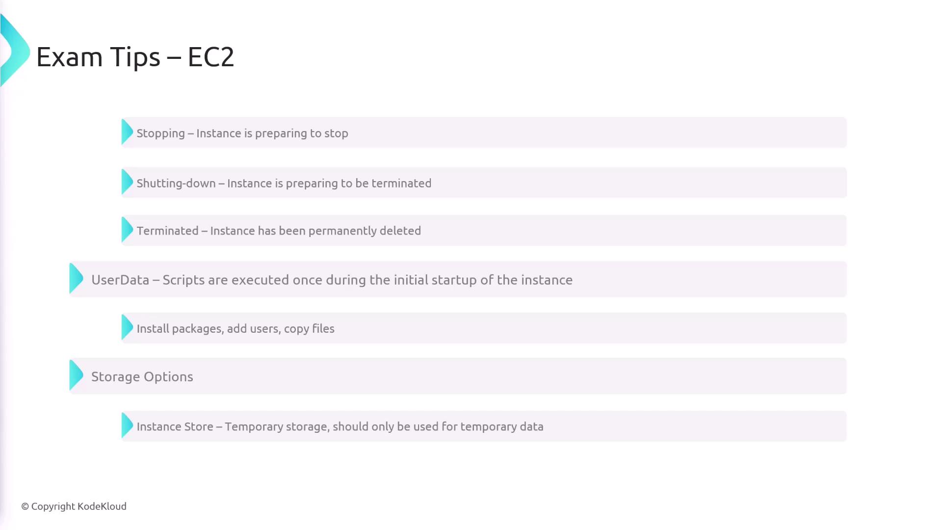 The image provides exam tips for EC2, explaining instance states like "Stopping," "Shutting-down," and "Terminated," as well as concepts like "UserData" and "Storage Options."