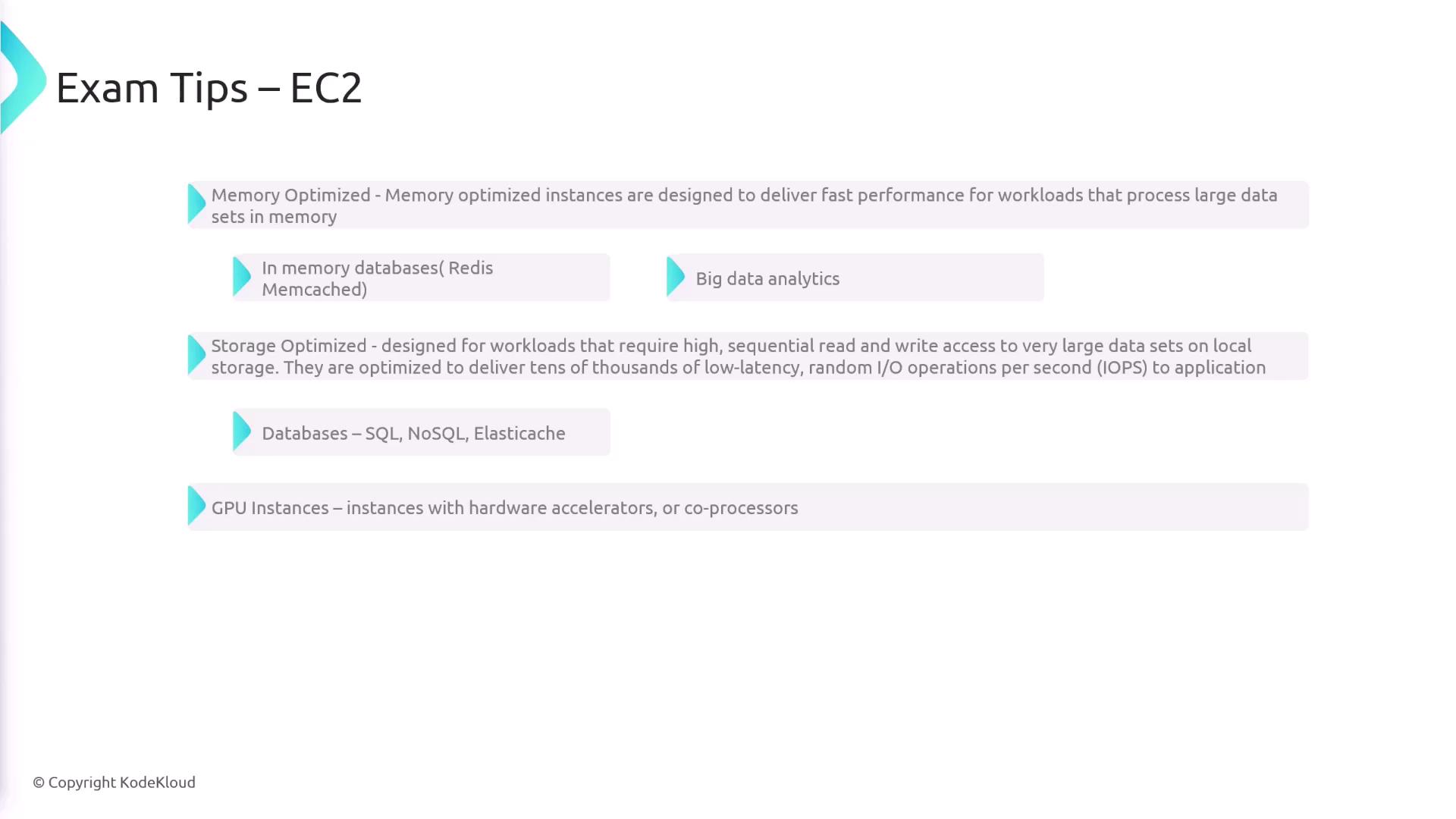 The image provides exam tips for EC2, highlighting memory optimized, storage optimized, and GPU instances, with examples like Redis, Memcached, and databases.