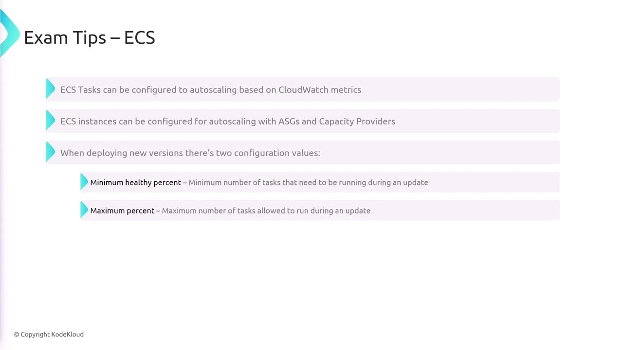 The image provides exam tips for ECS, covering topics like autoscaling with CloudWatch metrics, ASGs, Capacity Providers, and configuration values for deploying new versions.