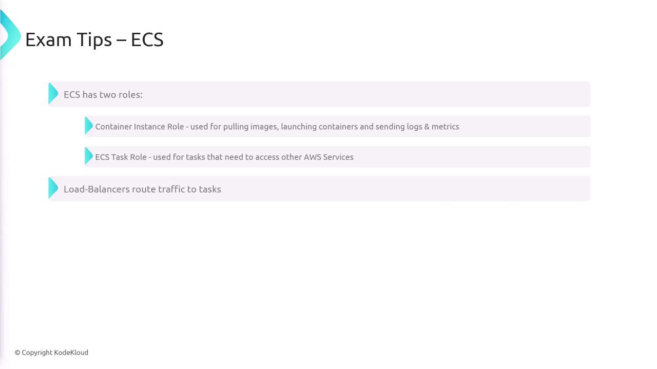 The image provides exam tips for ECS, highlighting two roles: Container Instance Role and ECS Task Role, and mentions that load balancers route traffic to tasks.