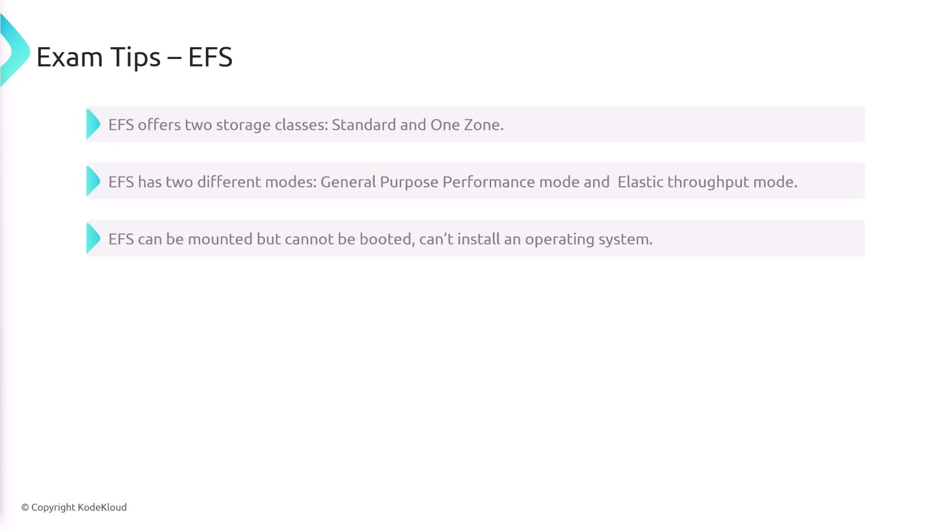 The image provides exam tips for EFS, highlighting its two storage classes, two modes, and noting that it can be mounted but not booted.