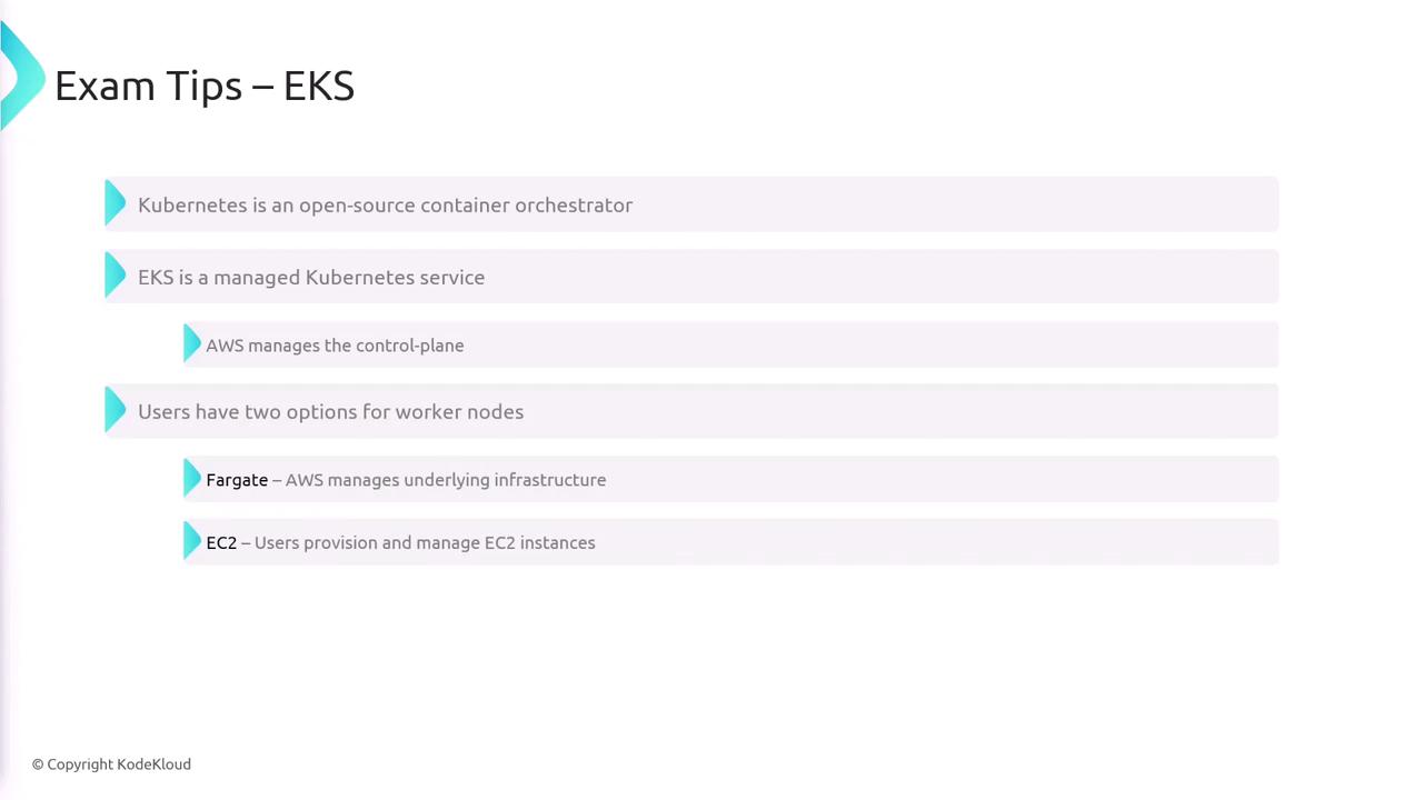 The image provides exam tips for EKS, highlighting that Kubernetes is an open-source container orchestrator, EKS is a managed service, AWS manages the control plane, and users have options for worker nodes with Fargate and EC2.