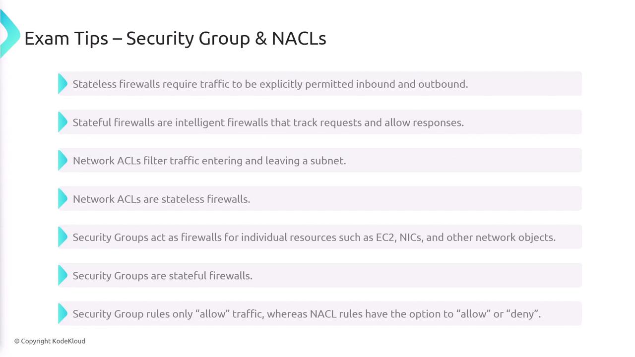 The image provides exam tips on Security Groups and Network ACLs, highlighting differences between stateless and stateful firewalls, and their functions in network security.