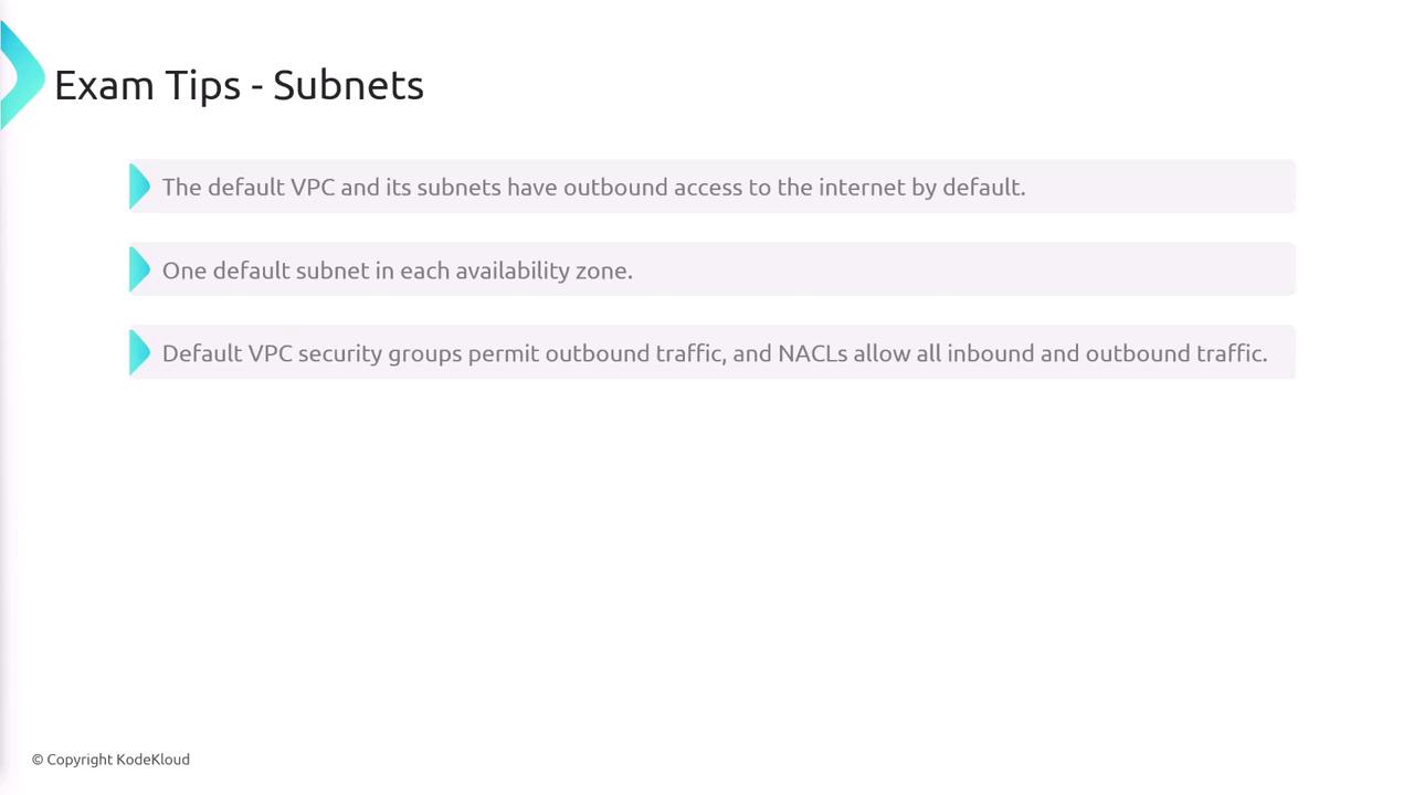 The image provides exam tips about subnets, highlighting default VPC and subnet internet access, default subnets in availability zones, and security group and NACL traffic permissions.