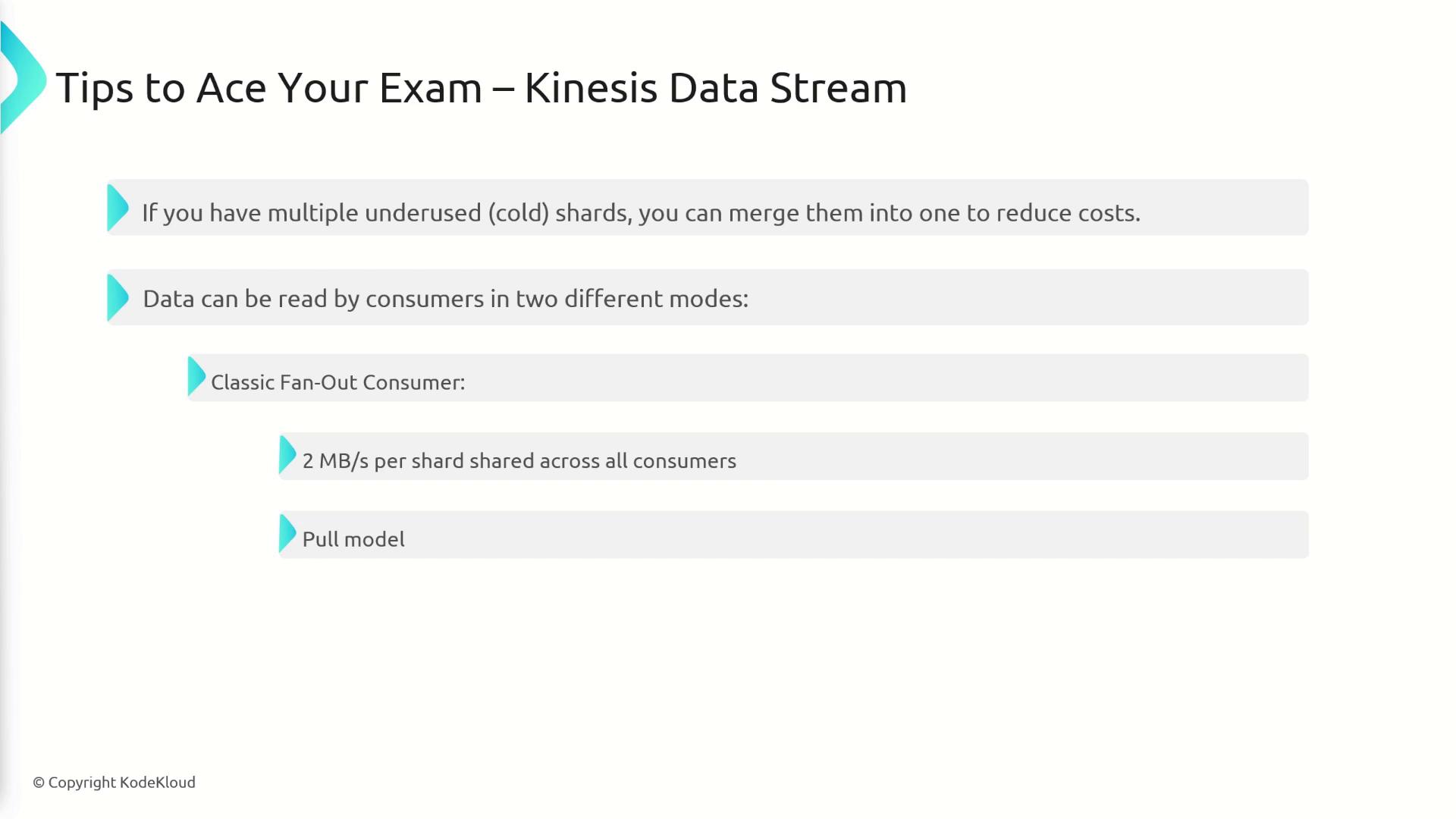 The image provides tips for acing an exam on Kinesis Data Stream, including merging underused shards to reduce costs and explaining data reading modes for consumers.