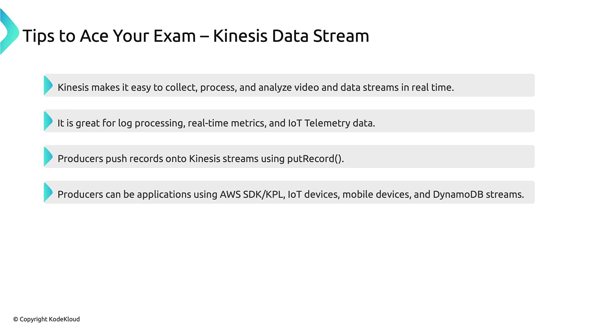 The image provides tips for using Kinesis Data Stream, highlighting its real-time data processing capabilities and the use of producers like AWS SDK/KPL and IoT devices.
