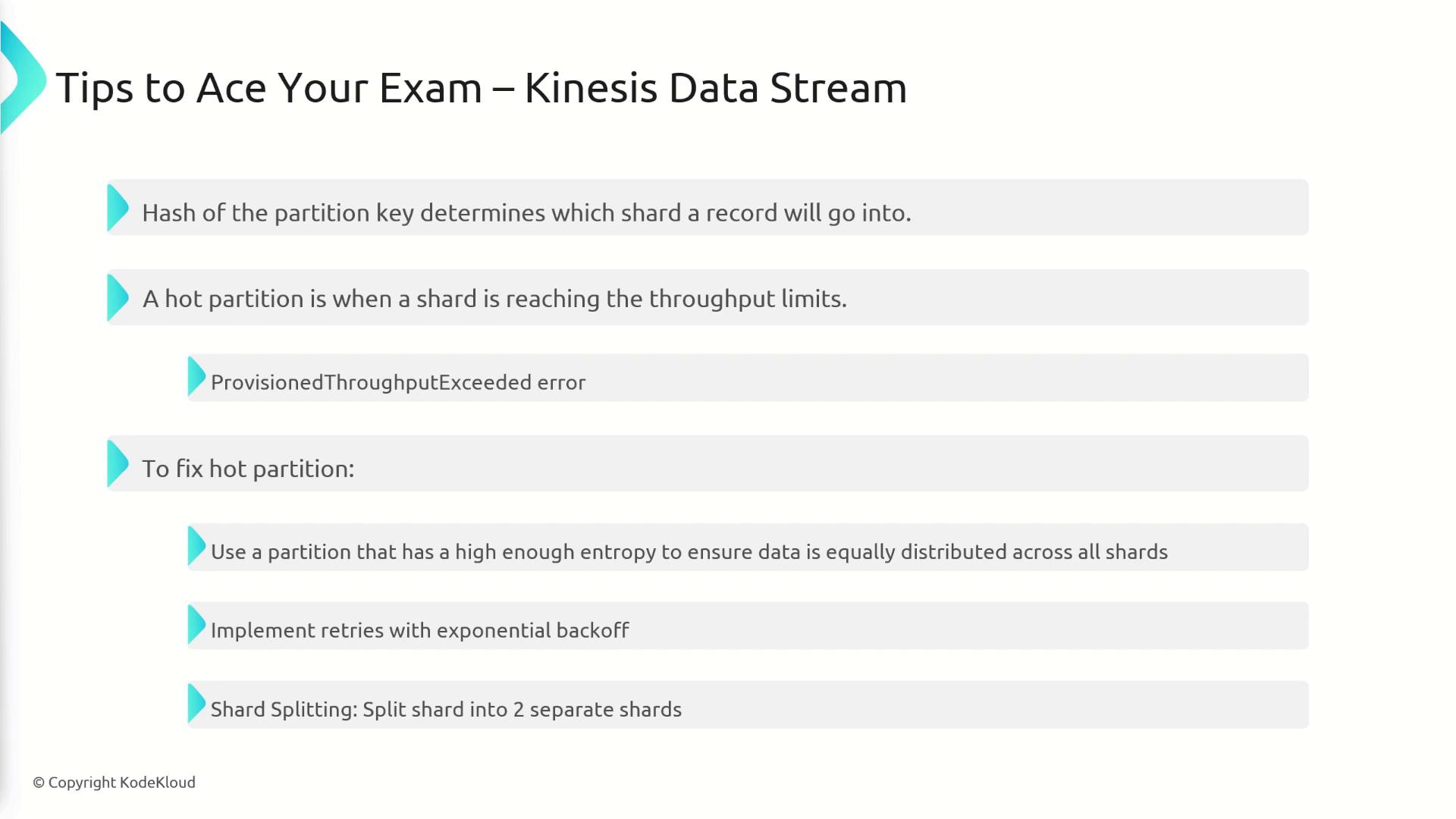The image provides tips for managing Kinesis Data Streams, including handling partition keys, addressing hot partitions, and implementing shard splitting.