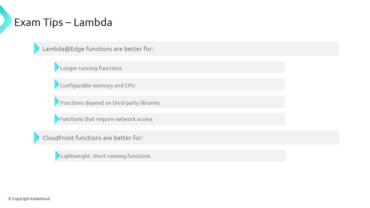 The image provides exam tips comparing Lambda@Edge and CloudFront functions, highlighting their suitability for different types of functions. Lambda@Edge is better for longer running, configurable, and network-dependent functions, while CloudFront is better for lightweight, short-running functions.