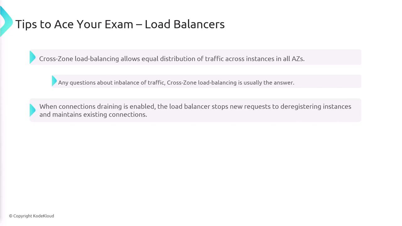 The image provides tips for acing an exam on load balancers, highlighting cross-zone load balancing and connection draining features.