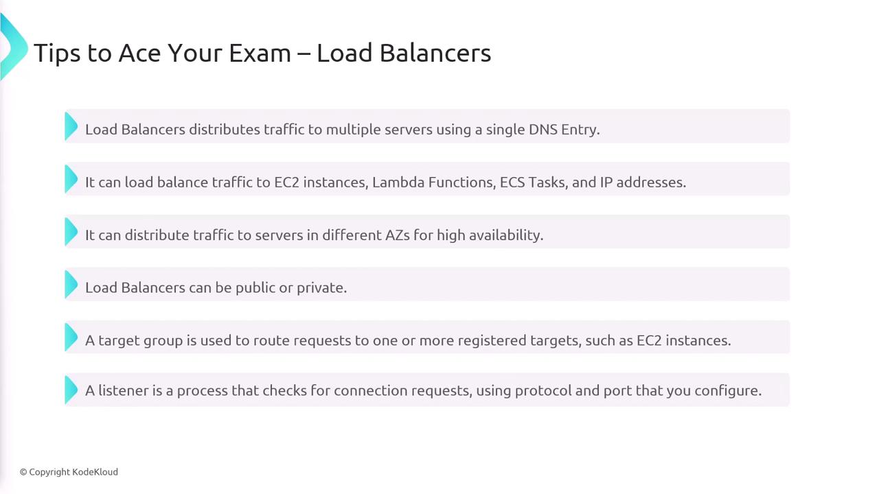The image provides tips for understanding load balancers, including their ability to distribute traffic, support various targets, and operate publicly or privately. It also explains the roles of target groups and listeners in managing traffic requests.