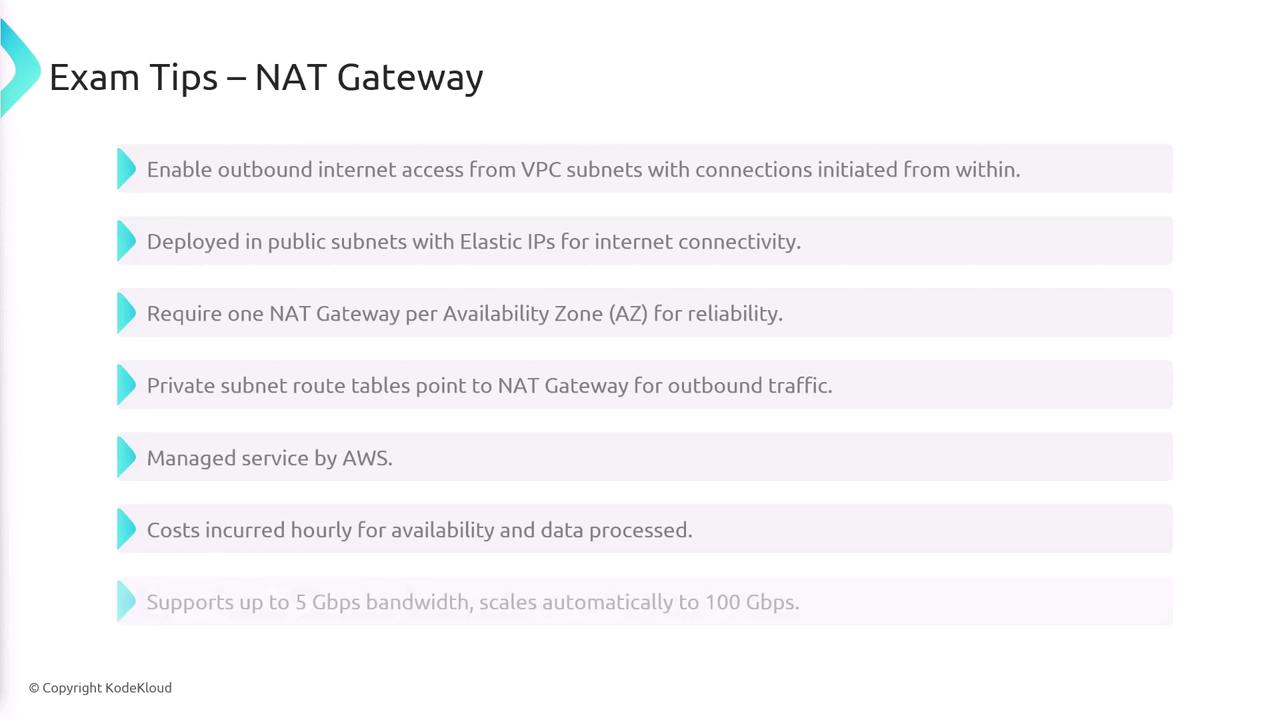 The image provides exam tips for NAT Gateway, highlighting key points such as deployment in public subnets, requirement per availability zone, AWS management, and cost considerations.