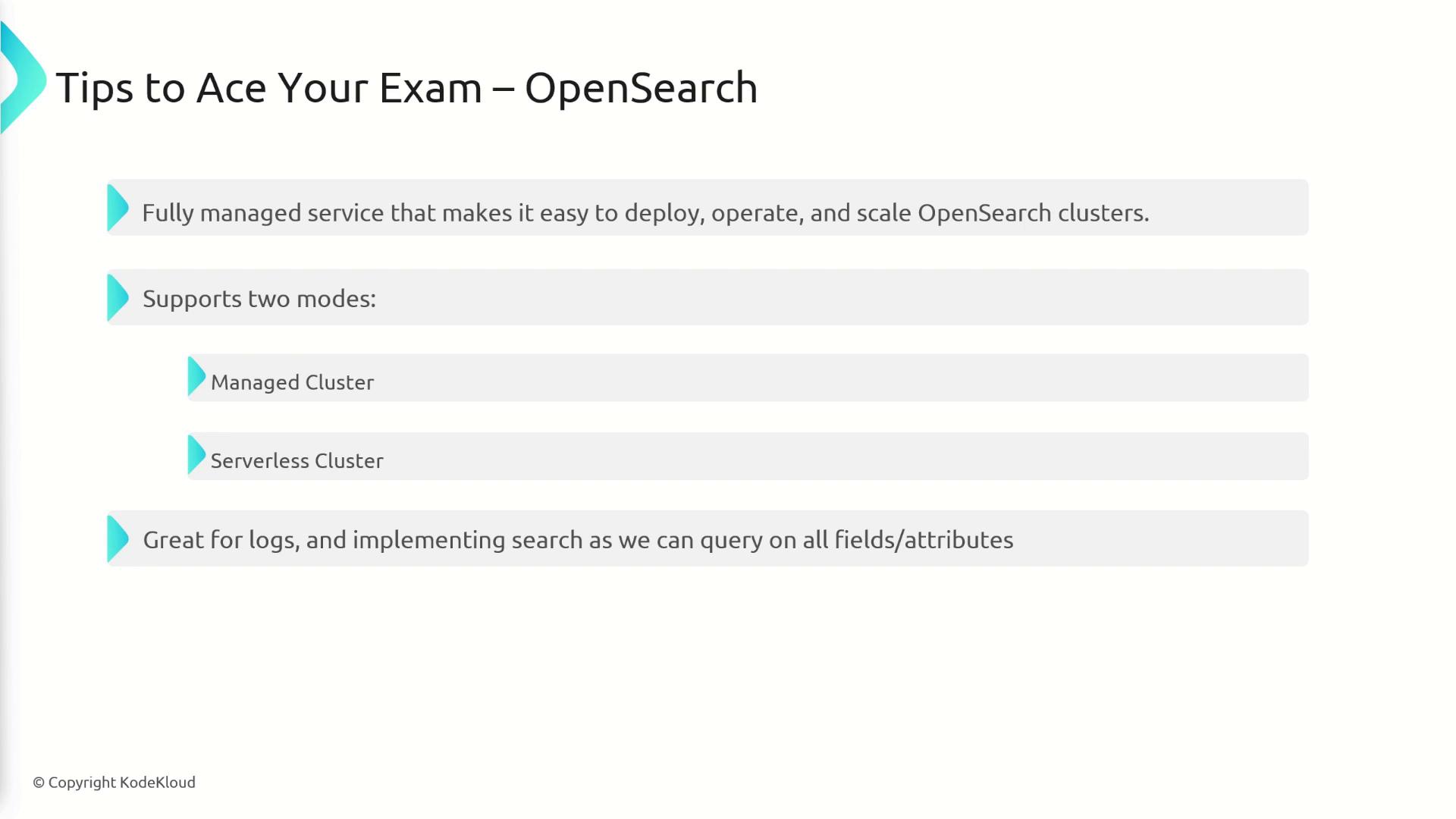 The image provides tips for acing an exam on OpenSearch, highlighting its fully managed service, support for managed and serverless clusters, and suitability for logs and search implementation.