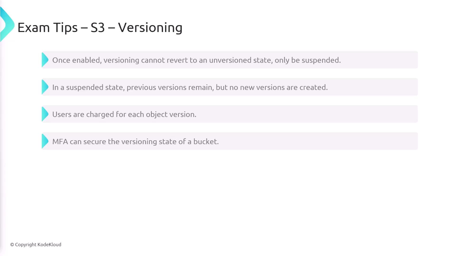 The image provides exam tips on S3 versioning, highlighting key points about enabling, suspending, and securing versioning, as well as associated costs.