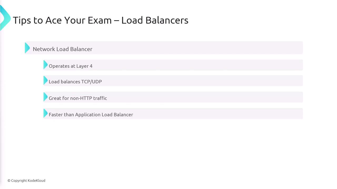 The image is a slide titled "Tips to Ace Your Exam – Load Balancers," listing features of a Network Load Balancer, including its operation at Layer 4, ability to load balance TCP/UDP, suitability for non-HTTP traffic, and speed compared to an Application Load Balancer.