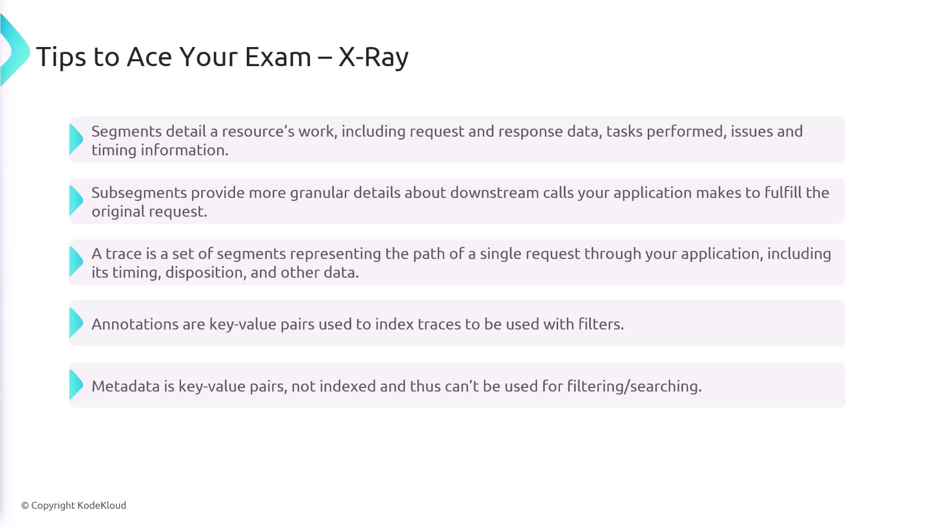 The image provides tips for acing an exam related to X-Ray, detailing concepts like segments, subsegments, traces, annotations, and metadata. Each term is briefly explained in the context of application requests and data indexing.