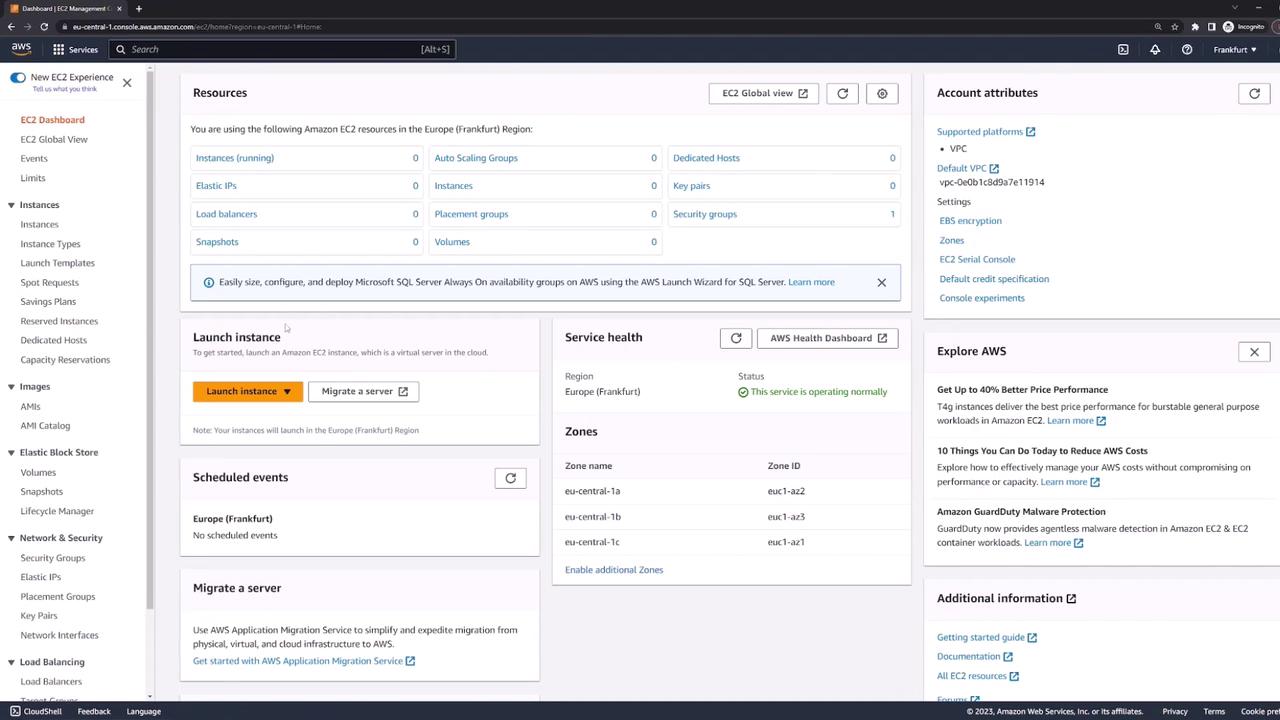 The image shows the Amazon EC2 Management Console dashboard, displaying various options and information related to instances, resources, and service health in the Frankfurt region.