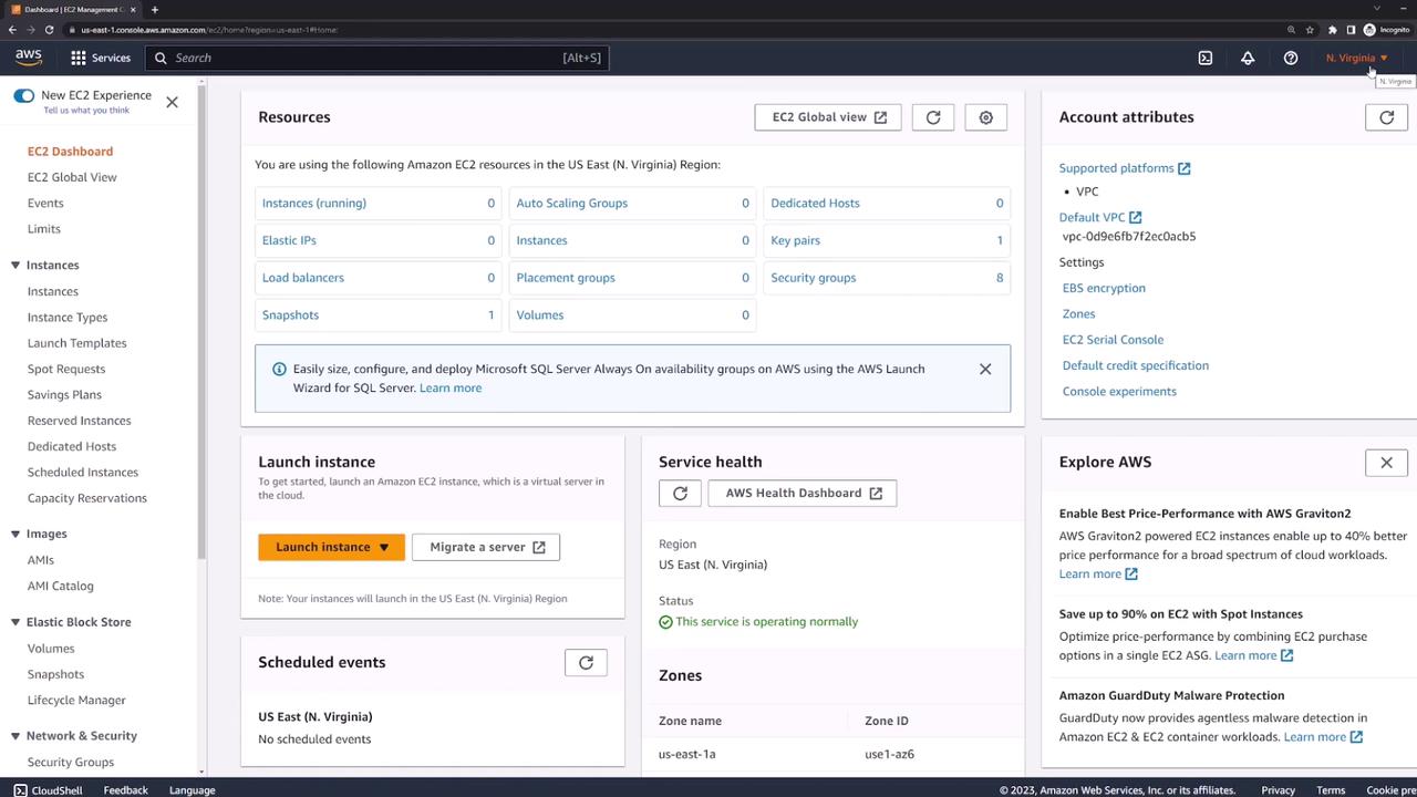 The image shows the AWS EC2 Management Console dashboard, displaying resources, account attributes, and options to launch instances in the US East (N. Virginia) region. It includes sections for service health, scheduled events, and AWS exploration features.