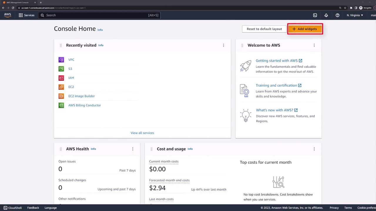 The image shows the AWS Management Console home page, displaying sections for recently visited services, AWS health, cost and usage, and a welcome section with links to resources. There's an option to add widgets highlighted in red.