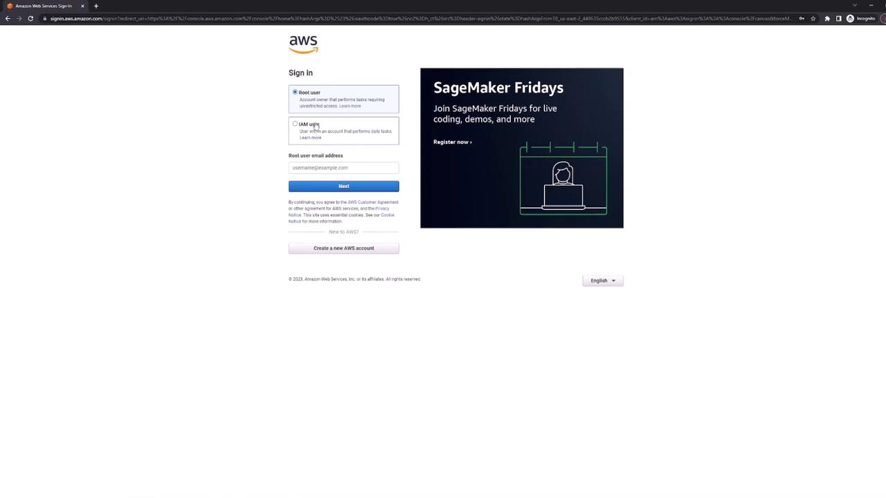 The image shows the AWS sign-in page with options for root user and IAM user login. There's also an advertisement for "SageMaker Fridays" on the right side.