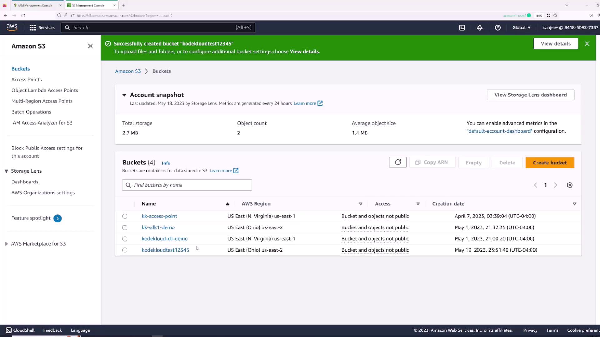 The image shows an Amazon S3 management console with a list of buckets, their regions, access settings, and creation dates. A notification indicates a bucket named "kodekloudtest12345" was successfully created.