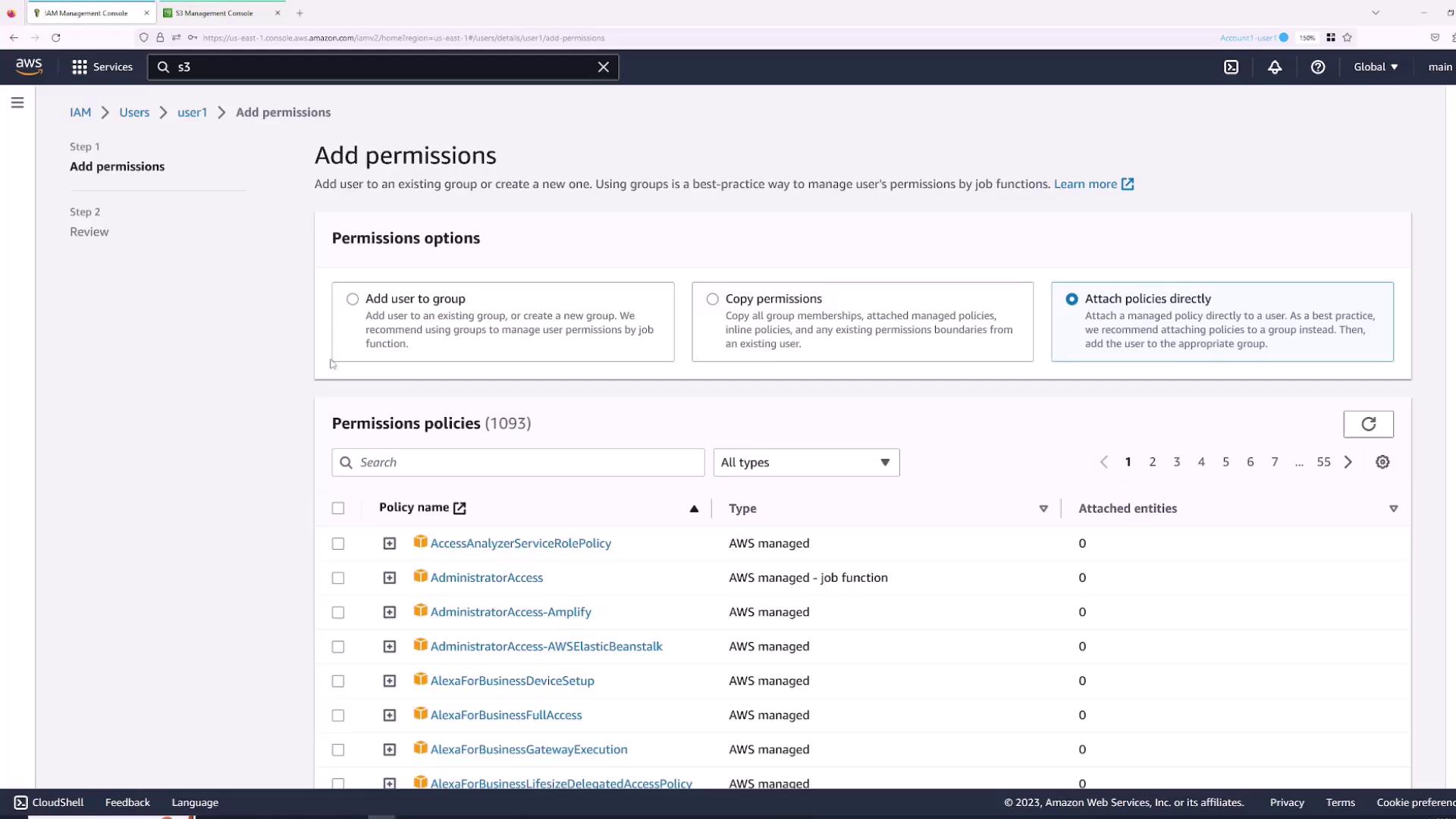 The image shows the AWS Identity and Access Management (IAM) console, specifically the "Add permissions" page for a user, with options to add the user to a group, copy permissions, or attach policies directly. A list of available permission policies is displayed below.