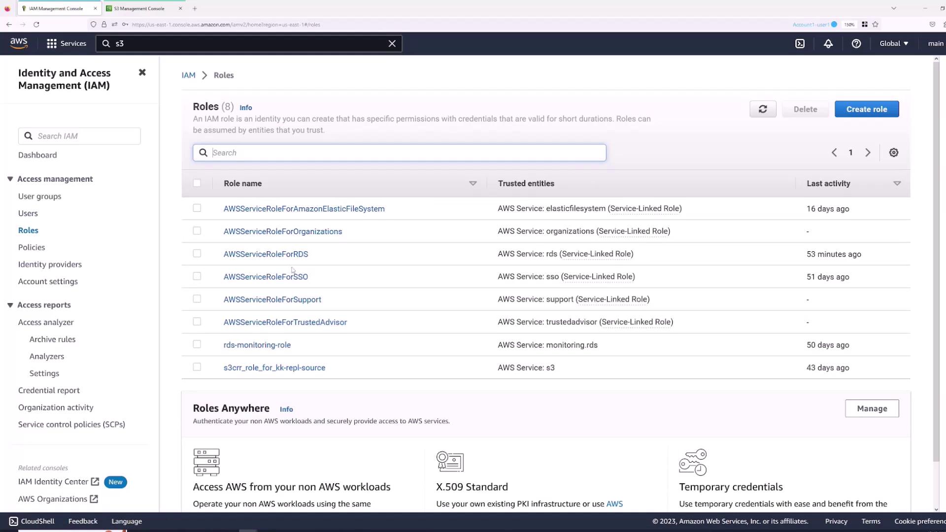 The image shows the AWS Identity and Access Management (IAM) console, specifically the "Roles" section, listing various service roles and their trusted entities.