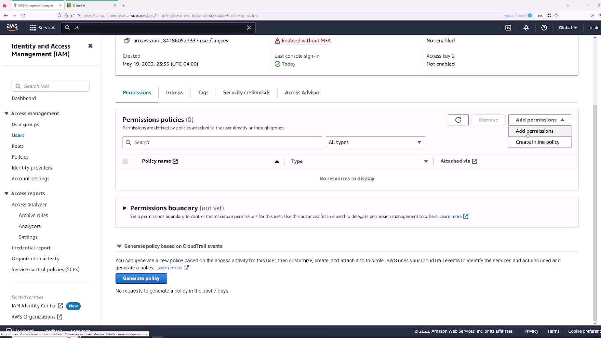 The image shows an AWS Identity and Access Management (IAM) console screen, displaying user details and options to add permissions or create an inline policy. The user currently has no permissions policies attached.