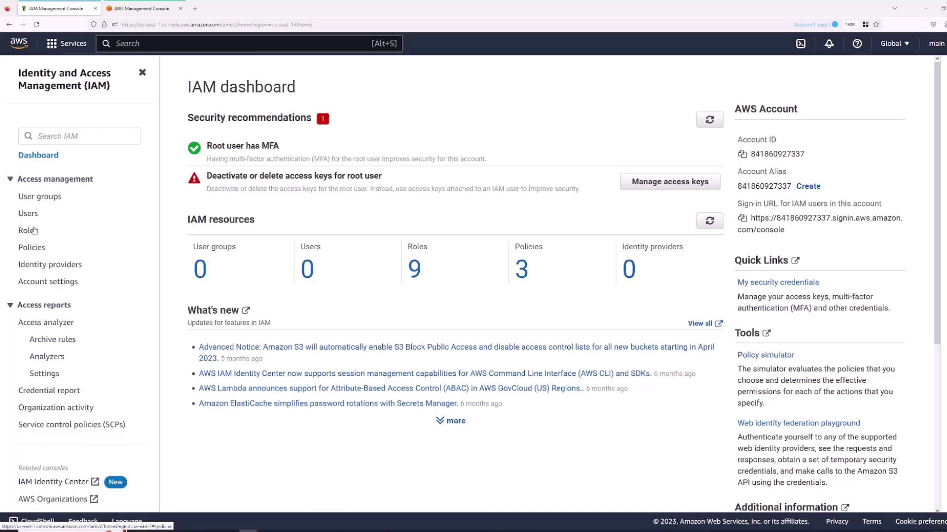 The image shows an AWS IAM dashboard with security recommendations and IAM resources statistics, including user groups, users, roles, policies, and identity providers. It also includes account details and quick links for managing security credentials.