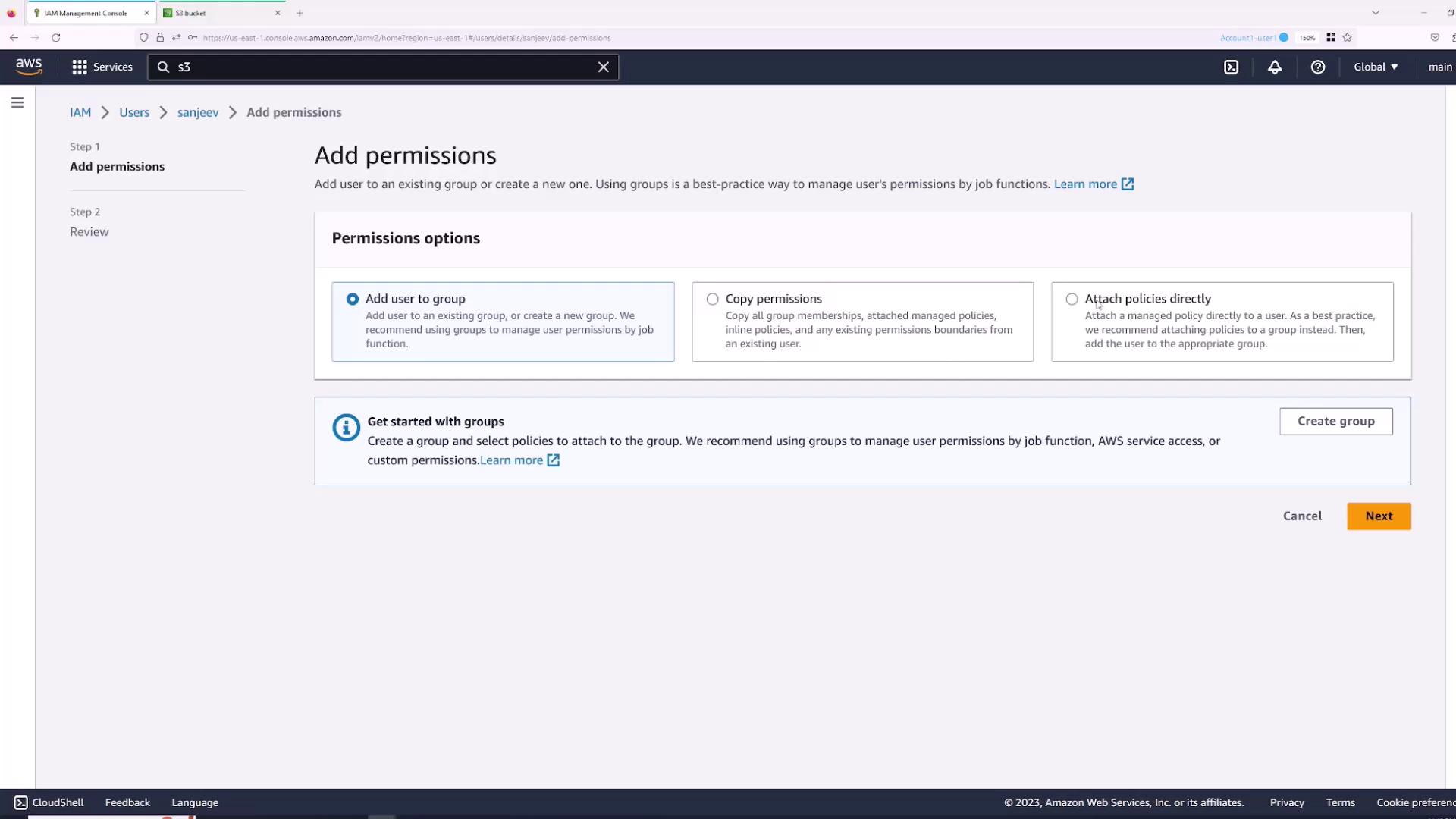 The image shows the AWS IAM Management Console, specifically the "Add permissions" page for a user, with options to add the user to a group, copy permissions, or attach policies directly.