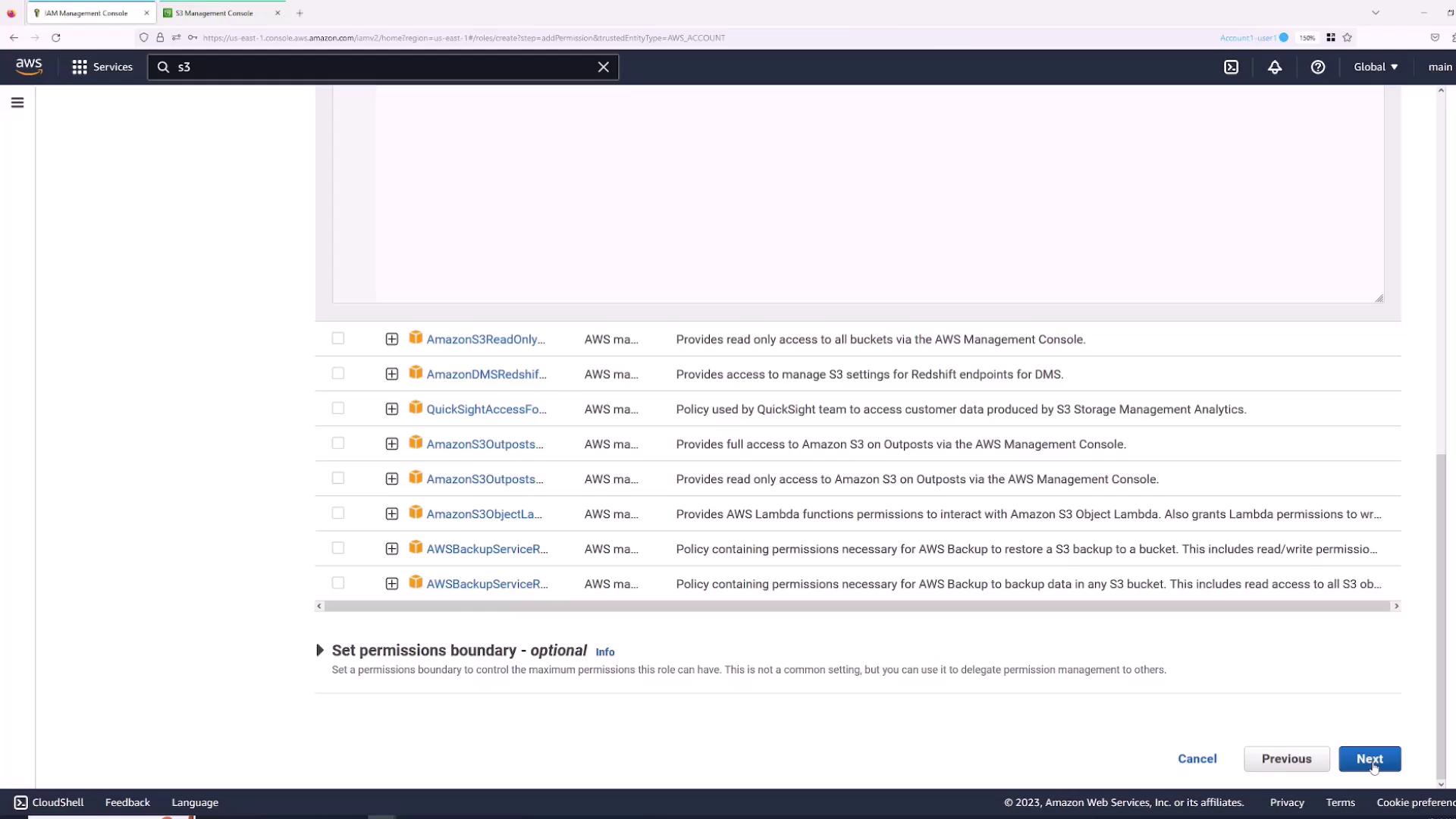 The image shows the AWS IAM Management Console with a list of policies related to Amazon S3, including options for read-only access and backup services. The "Next" button is highlighted at the bottom right.
