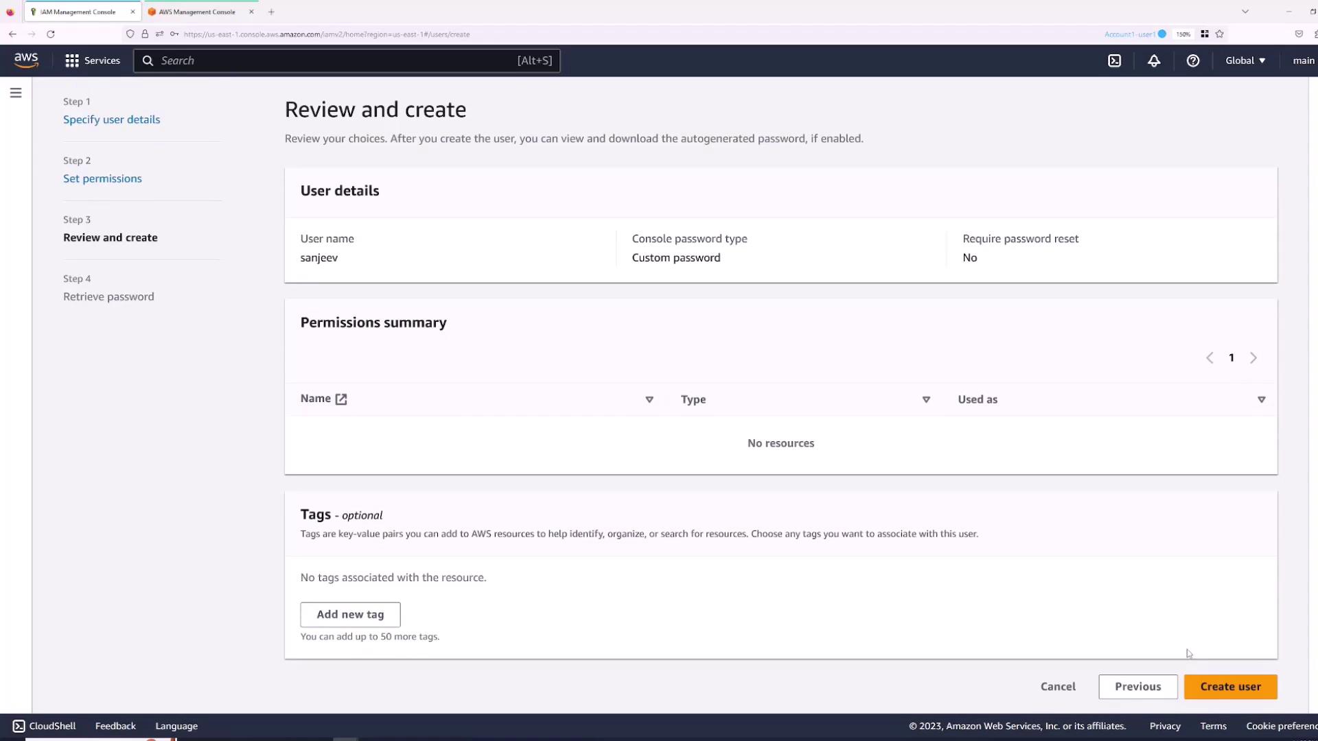 The image shows the "Review and create" page in the AWS IAM Management Console, where user details and permissions are being reviewed before creating a new user.