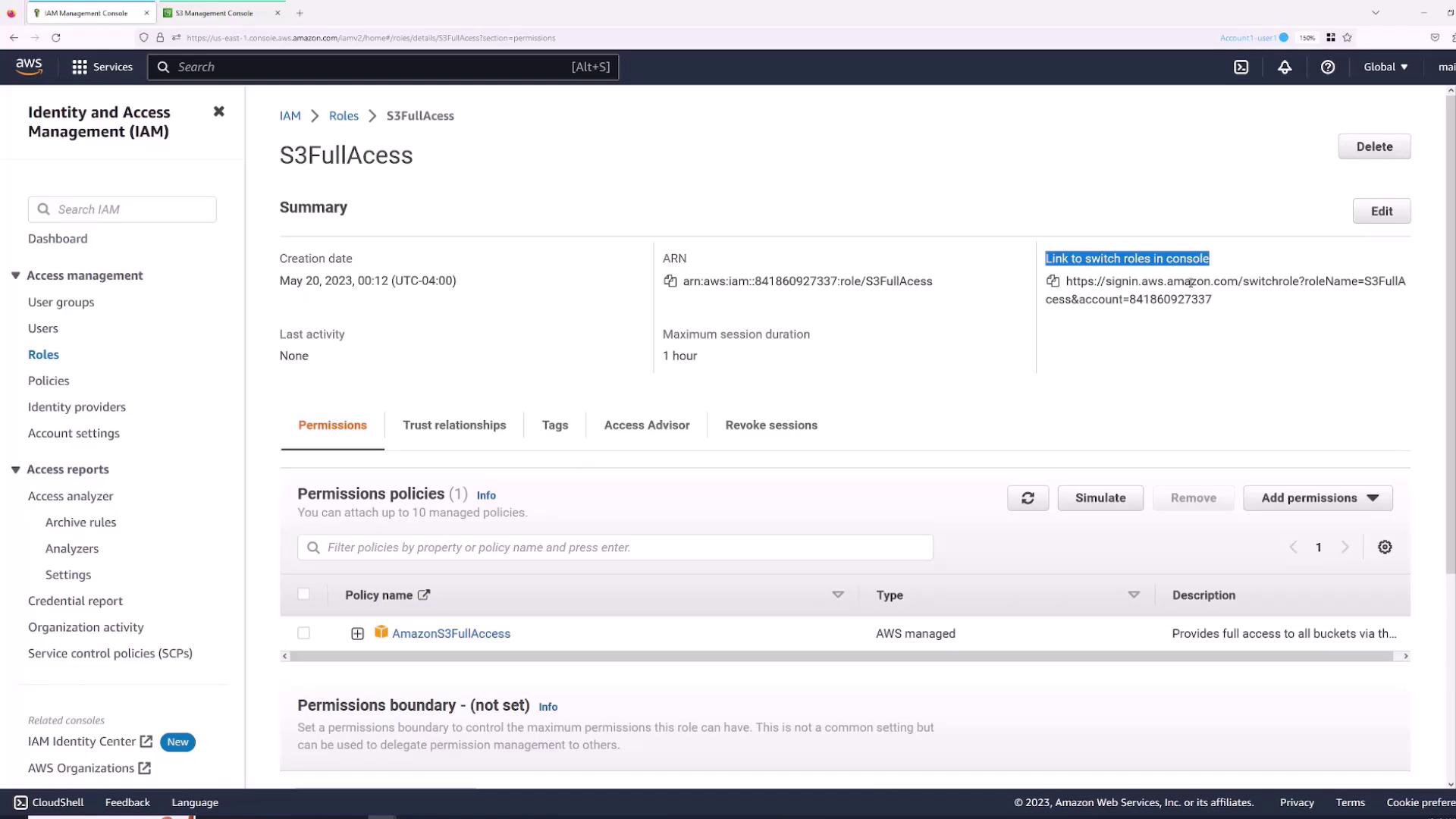 The image shows an AWS Identity and Access Management (IAM) console screen for a role named "S3FullAccess," displaying its summary, permissions policies, and a link to switch roles in the console.