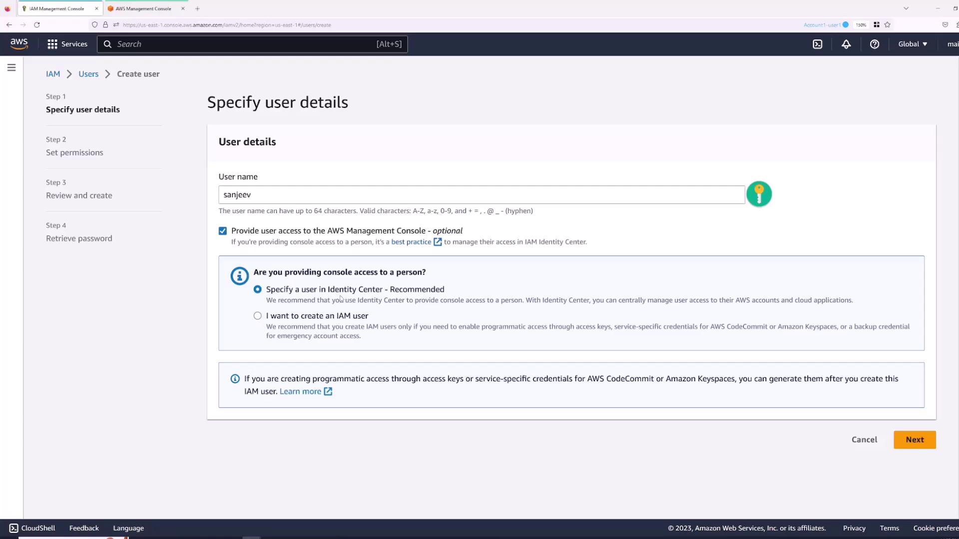 The image shows a screenshot of the AWS Management Console, specifically the "Specify user details" page for creating a new IAM user. It includes fields for entering a username and options for providing console access.