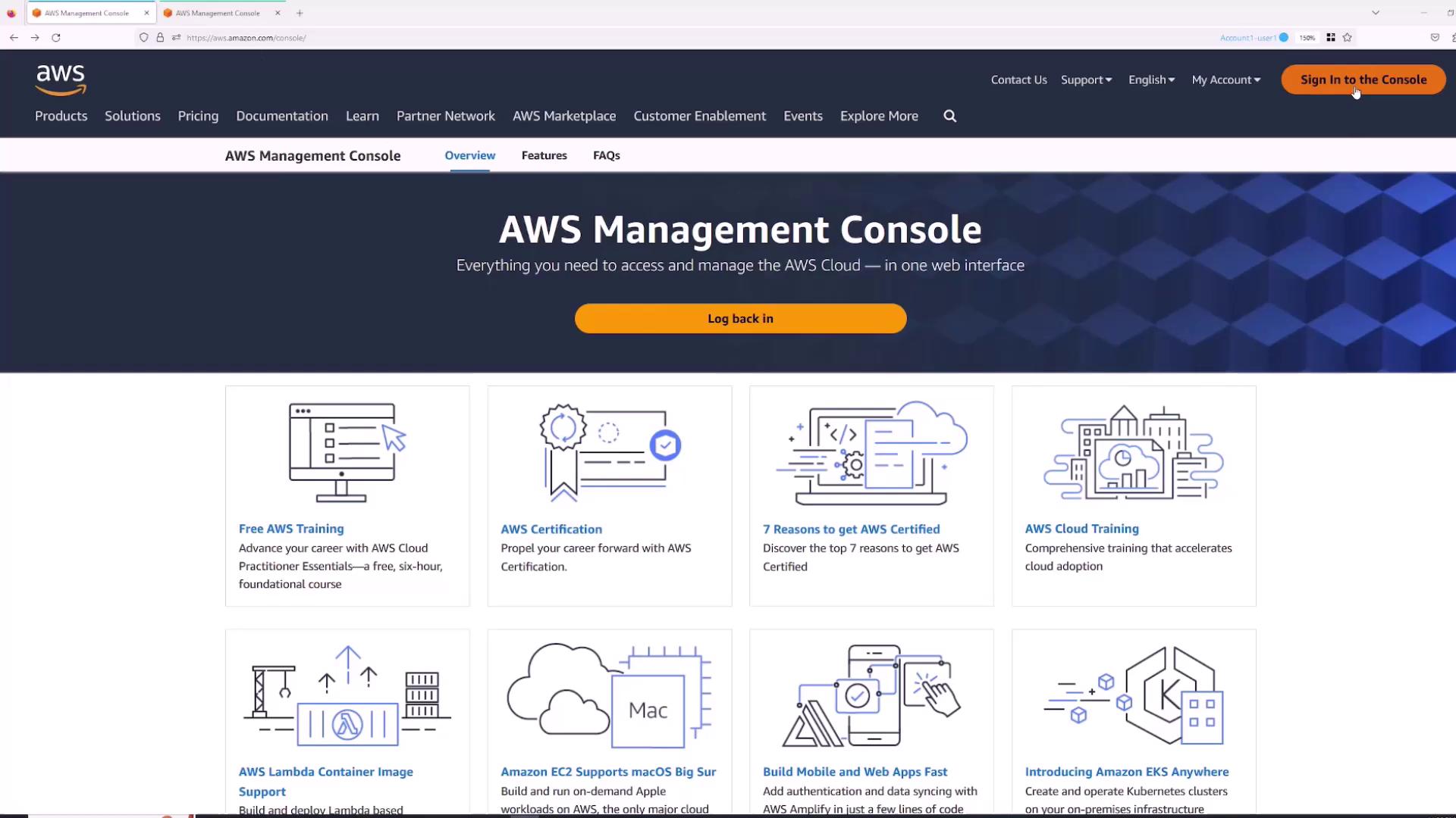 The image shows the AWS Management Console webpage with options for logging in and accessing various AWS training and certification resources. It features sections on AWS training, certification, and cloud services.
