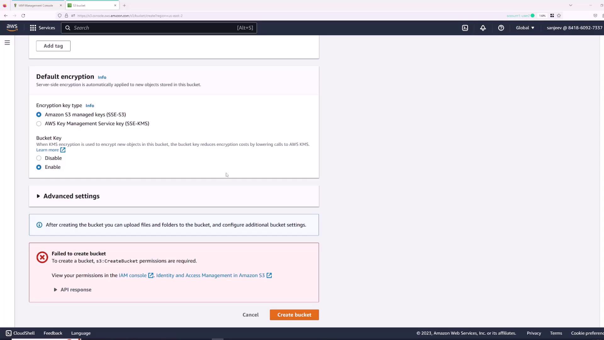 The image shows an AWS S3 bucket creation page with encryption settings. There's an error message indicating that the bucket creation failed due to insufficient permissions.