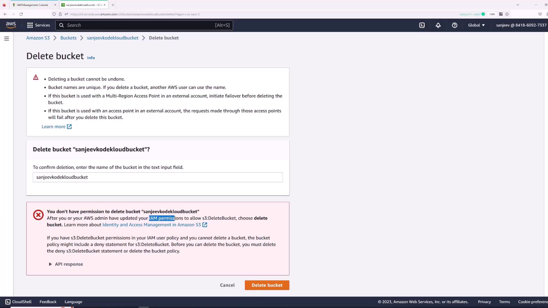 The image shows an AWS S3 console screen for deleting a bucket named "sanjeevkodekloudbucket," with a warning about permissions needed to delete the bucket.