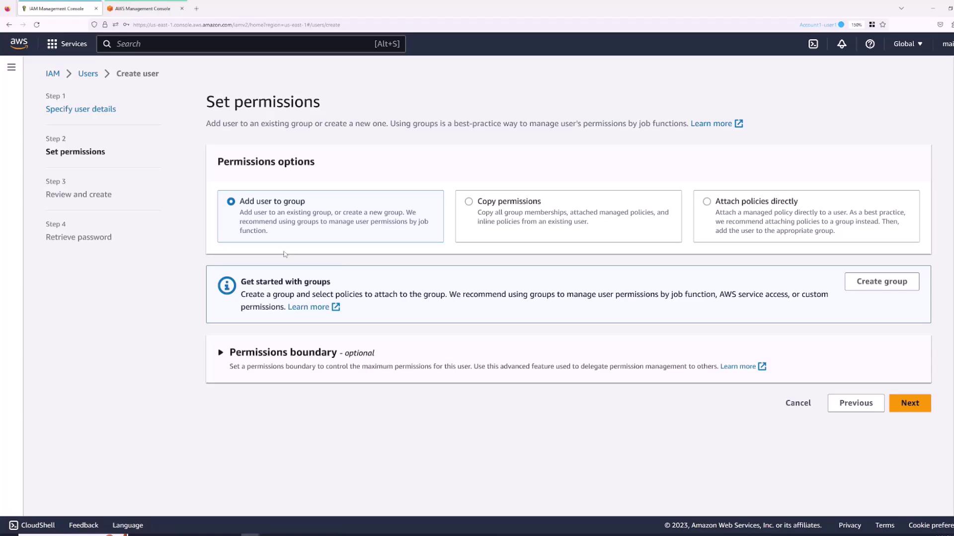 The image shows the "Set permissions" page in the AWS Management Console for creating a new user, with options to add the user to a group, copy permissions, or attach policies directly. There is also an option to create a group and set a permissions boundary.