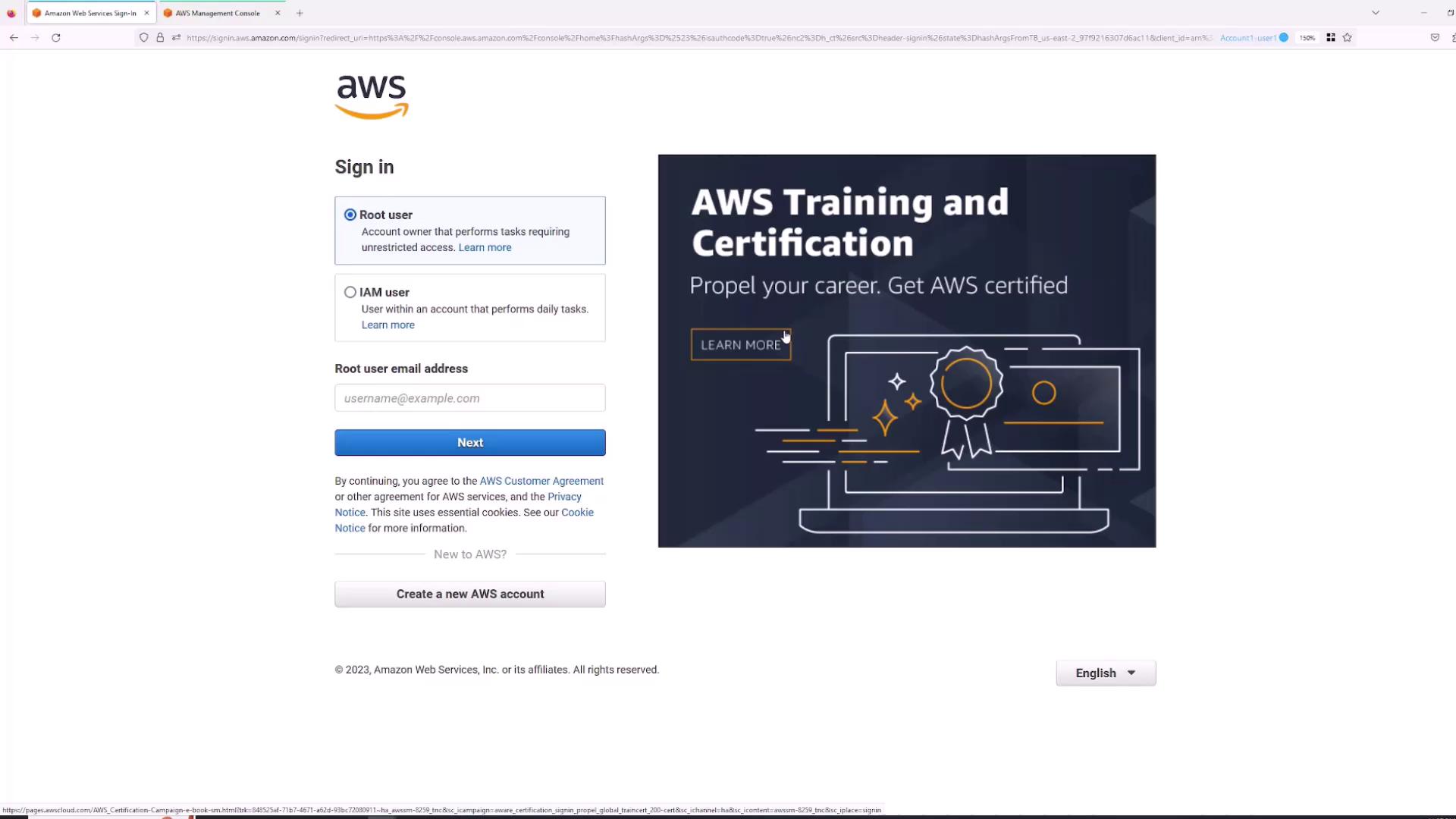 The image shows the AWS sign-in page with options for root and IAM user login, alongside an advertisement for AWS Training and Certification.