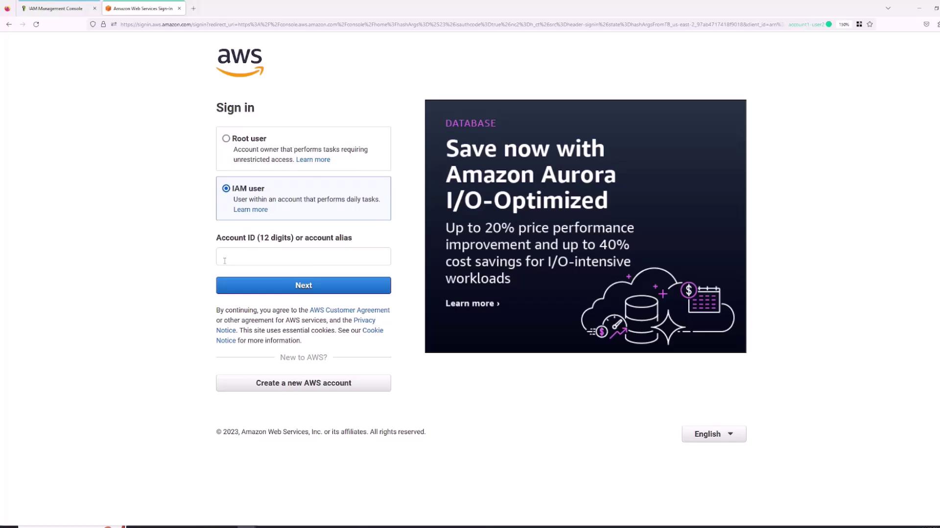 The image shows the AWS sign-in page with options for "Root user" and "IAM user" login, alongside an advertisement for Amazon Aurora I/O-Optimized, highlighting performance and cost benefits.