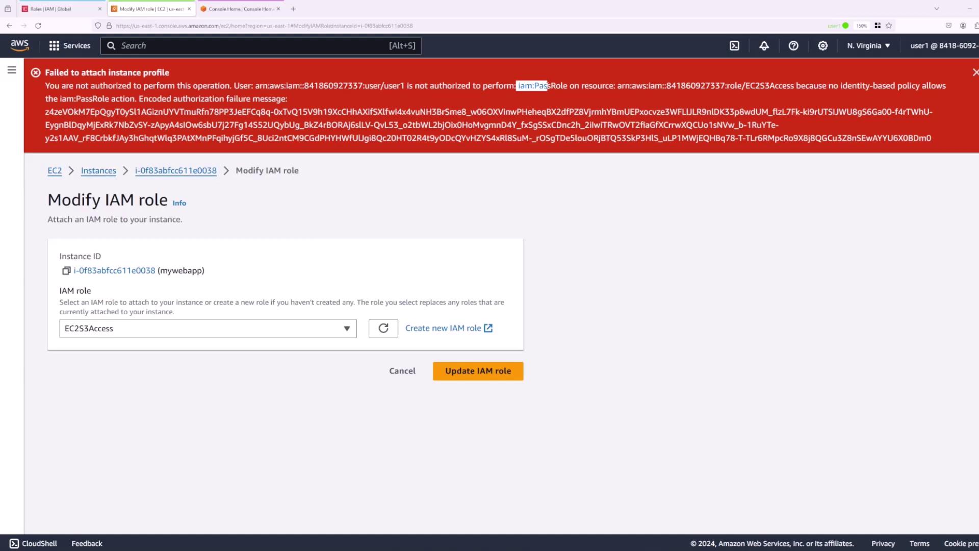 The image shows an AWS console screen with an error message indicating a failure to attach an instance profile due to insufficient permissions. It displays the "Modify IAM role" section for an EC2 instance.
