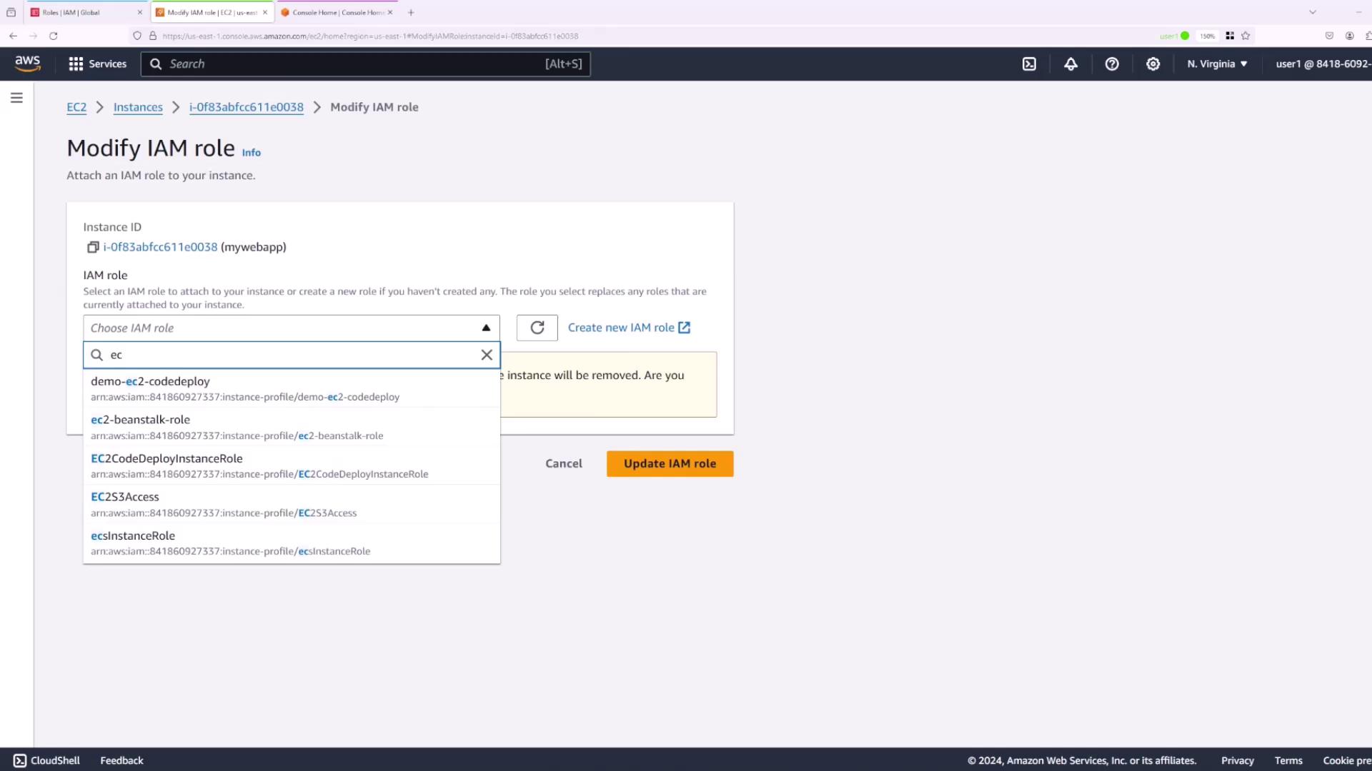 The image shows an AWS console interface where a user is modifying an IAM role for an EC2 instance. The user is selecting from a list of IAM roles that include options like "demo-ec2-codedeploy" and "EC2S3Access."