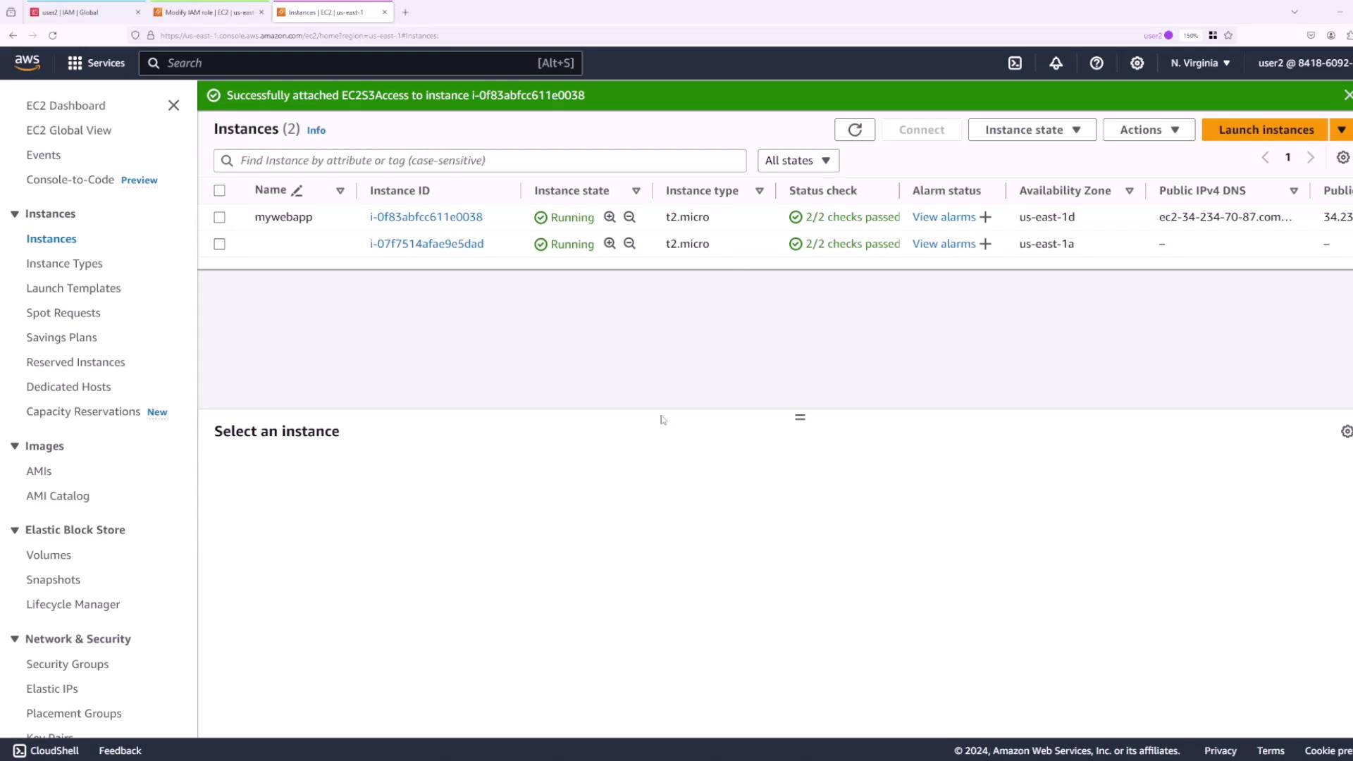 The image shows an AWS EC2 console with two running instances listed, both of type t2.micro. The interface displays details like instance ID, status checks, and availability zones.