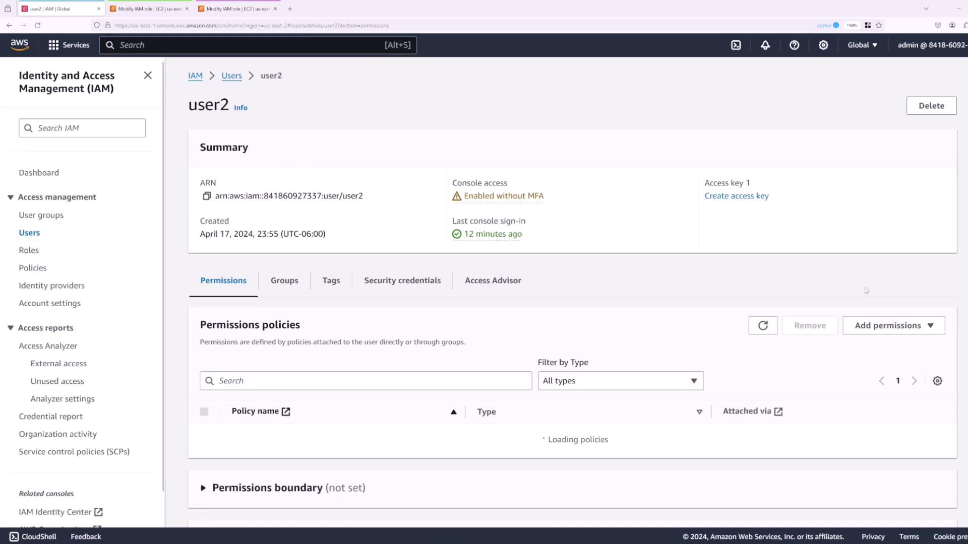 The image shows an AWS Identity and Access Management (IAM) console screen for a user named "user2," displaying their summary, permissions policies, and other access management options.