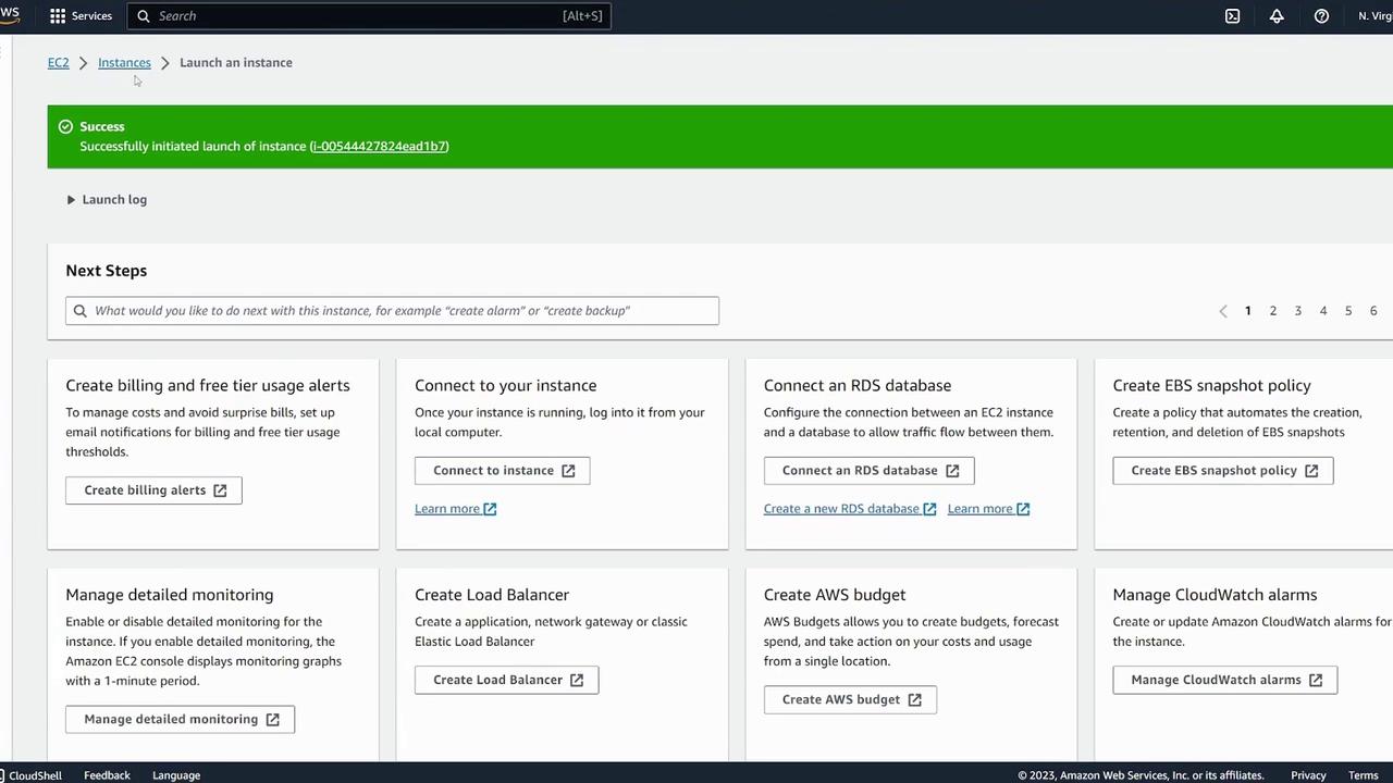 The image shows an AWS EC2 dashboard indicating a successful instance launch, with options for next steps like connecting to the instance, creating billing alerts, and managing monitoring.
