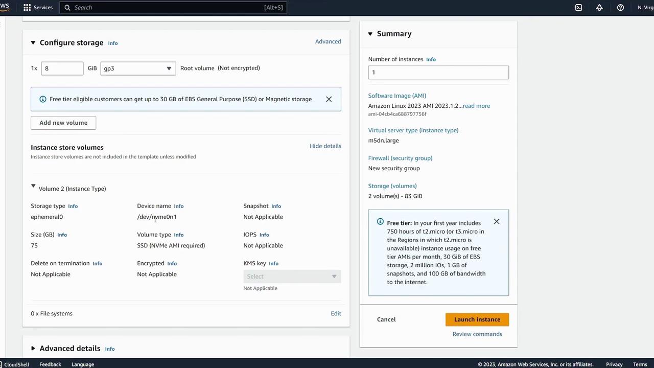 The image shows an AWS EC2 instance configuration screen, detailing storage options and a summary of the instance settings, including software image, server type, and storage volumes.