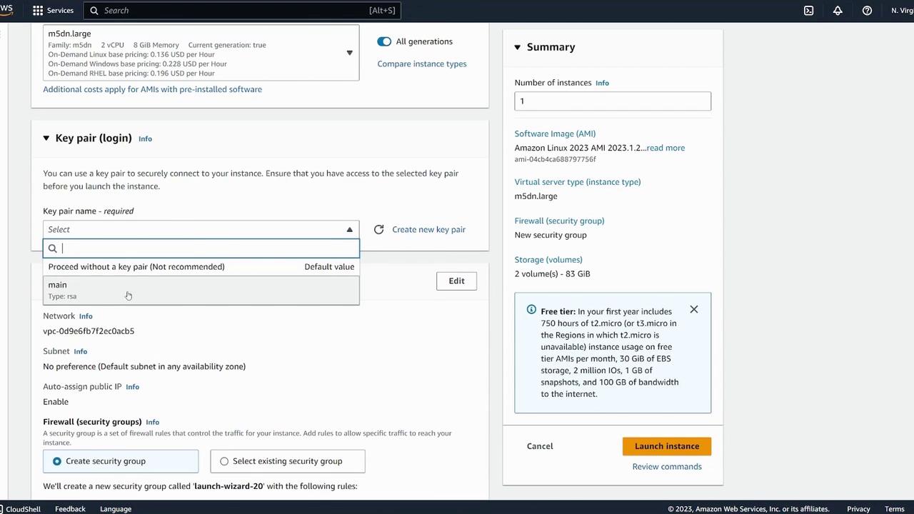 The image shows an AWS EC2 instance launch configuration screen, where a user is selecting a key pair for secure access and reviewing instance details like type, security group, and storage.