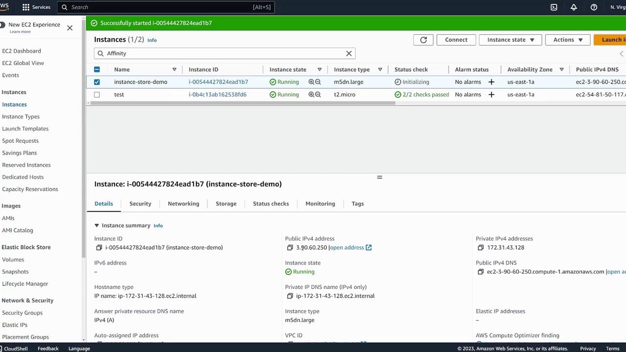 The image shows an AWS EC2 management console with details of two running instances, including their instance IDs, types, and status checks.