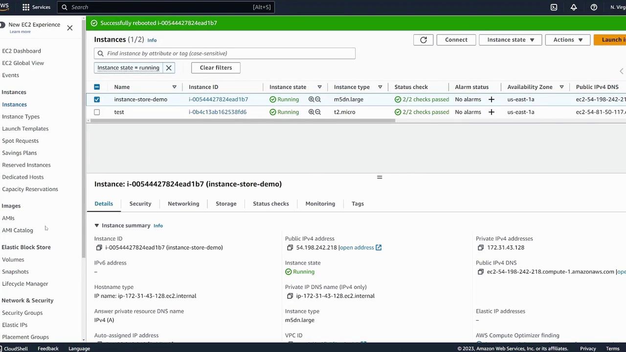 The image shows an AWS EC2 management console with two running instances, displaying details such as instance IDs, types, and status checks.