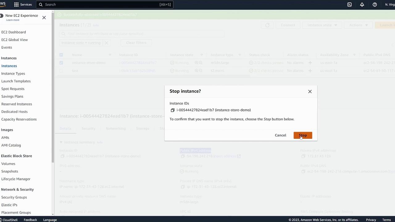 The image shows an AWS EC2 management console with a pop-up window asking for confirmation to stop an instance. The user is prompted to click "Stop" to proceed.